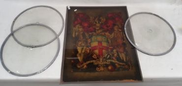 Set of three circular clear glass roundels with central pontil marks and lead trim, possibly from