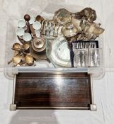 Mid-century rosewood drinks tray, of rectangular form with silver plated mounts, together with an