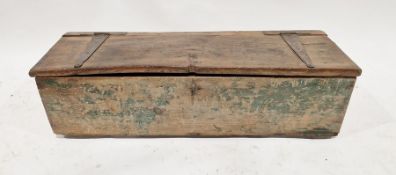 Antique wooden storage box of rectangular form with hinged lid, 26cm high x 92cm wide x 31cm deep