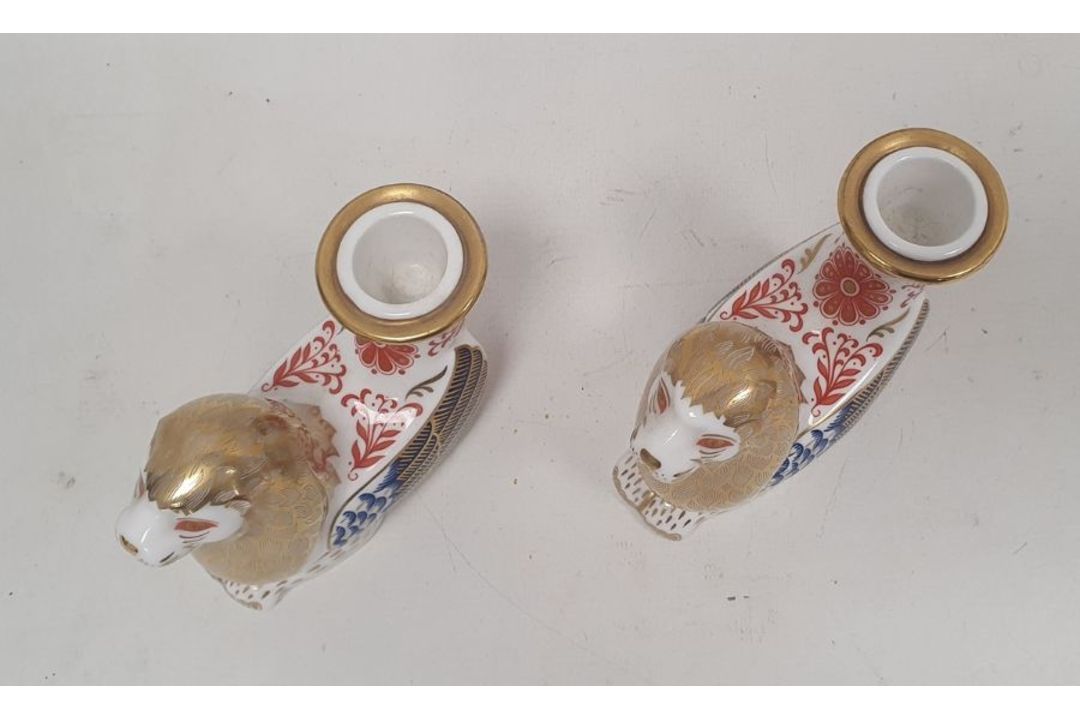 Pair of Royal Crown Derby bone china imari pattern mythical beast candlesticks, each modelled as a - Image 2 of 4