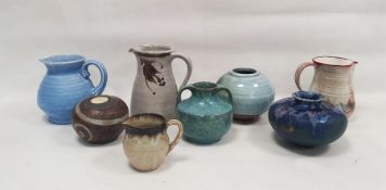 ASL Studio squat globular vase by Tony Laverick, glazed with blue and lustrous streaked glazes,