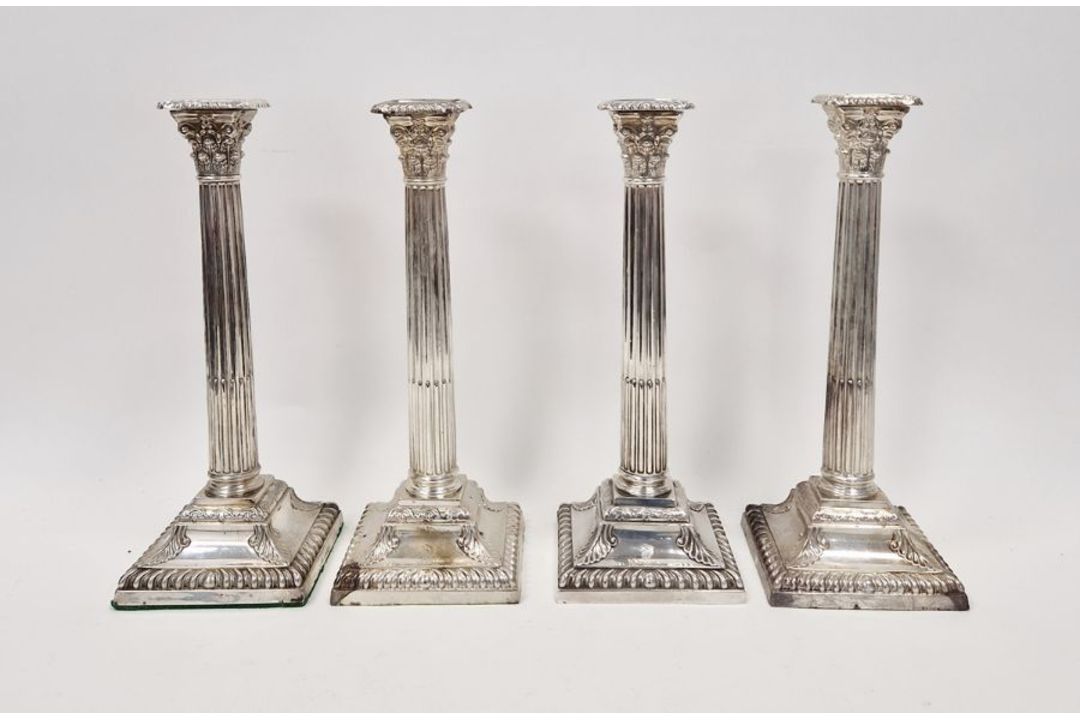 Victorian set of four large silver candlesticks, of Corinthian column form, on square bases, - Image 1 of 31