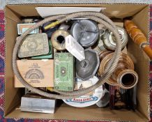 Assorted collectables including smoking paraphernalia, turned wooden tobacco jar, various vintage