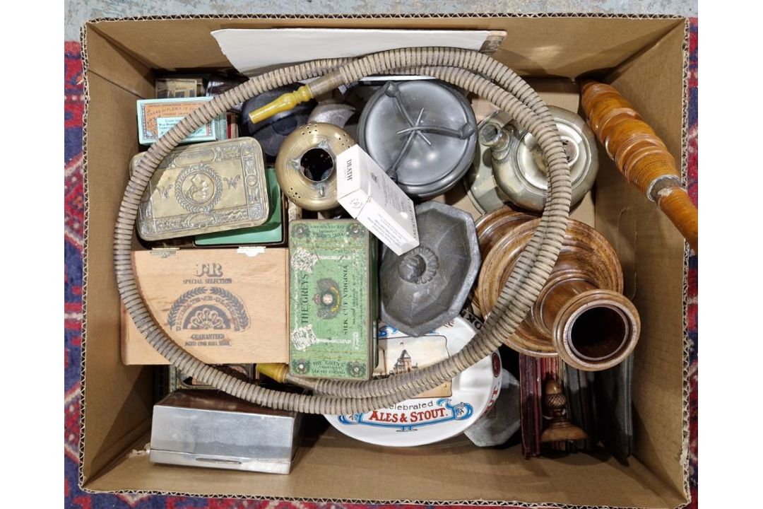 Assorted collectables including smoking paraphernalia, turned wooden tobacco jar, various vintage
