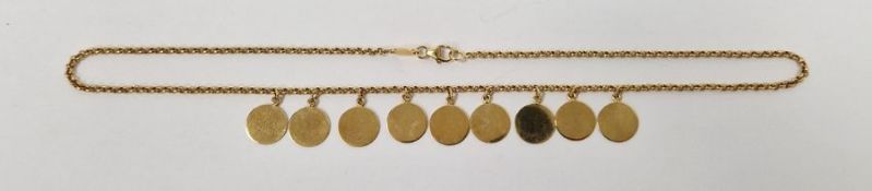 9ct gold necklace with nine circular pendant drops, on belcher link chain, 11g approx.
