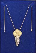18ct gold, diamond and pearl pendant necklace in the form of a partially open box, having five