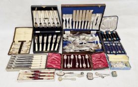 Set of six silver coffee bean spoons, Birmingham 1932, a silver vesta case, a canteen of silver