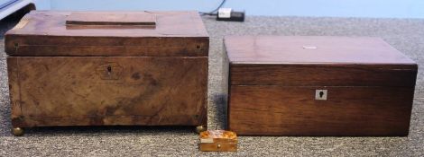 Victorian mahogany stationery box with inlay and stringing, fitted tray in red paper lined interior,