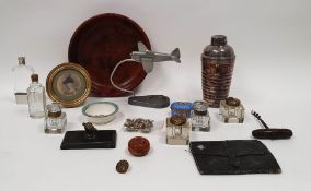 Quantity inkwells, military brass buttons, corkscrew, silver-plated cocktail shaker, aeroplane
