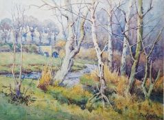 20th century school Watercolour Riverside view with bridge in distance, indistinctly signed lower