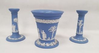 Wedgwood blue jasperware tapering conical bough-pot and pierced liner, 16.6cm high and a pair of