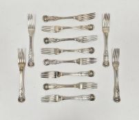 Victorian matched set of twelve silver king's pattern dessert forks, hallmarks include London 1843