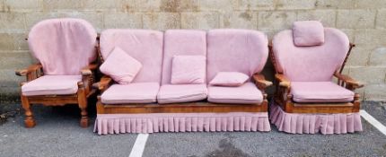 20th century three-piece oak sofa suite comprising a three-seater sofa and two armchairs (3)