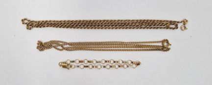 9ct gold rope-pattern chain (damaged), 3.7g approx., a 9ct gold bar and circle link bracelet, 2g