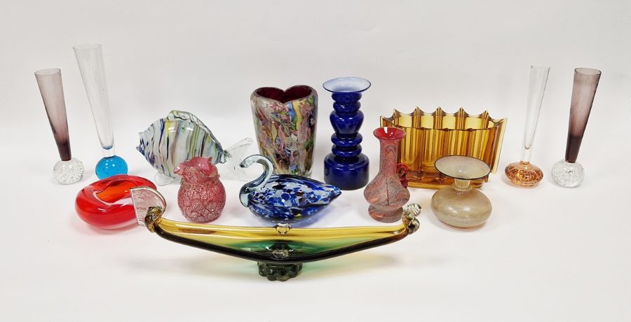 Collection of coloured glassware including a Murano 'Tutti Frutti' cased vase with scrambled