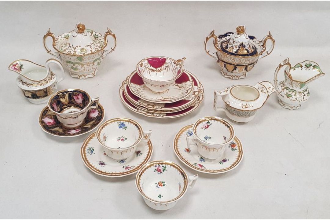 Group of 19th century Rockingham-style teawares including a blue and gilt two-handled sugar bowl and - Image 2 of 7