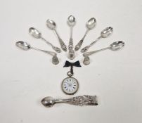 Continental silver fob watch, the enamel dial with Roman numerals denoting hours, together with a