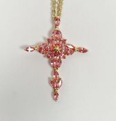 18ct gold and peach-coloured stone cross pendant and an 18K double fine belcher-link chain, chain