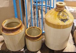 Stoneware flagon stamped H&G Simonds, Reading and two stoneware jars (3)