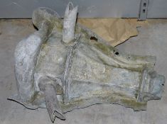 Antique lead rainwater downpipe corner hopper with two overflow spouts, 50cm tall approx.