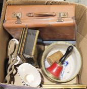 Box of assorted collectables including vintage metal cash box, fire bell, bagatelle, illuminated