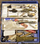 Clamps, files, chisels, etc, assorted draughtsmans tools to include two draughting sets, etc, a