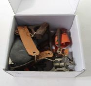 Horn and metal fleam, pair metal candle dabs, quantity old brass and metal small weights, two