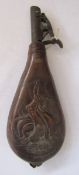 Leather embossed short flask made by James Dixon and Sons, brass powder flask made by JW Hawkley and