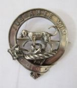 Victorian white metal plaid Scottish brooch with hunting dog and motto 'Jus Ante Vim', 'M. Rettie
