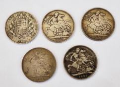 Victoria crowns (5), young head 1845, nearly fine, 1889, 1890 x2 and 1891, each fine