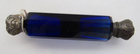 Victorian faceted blue glass double-ended scent bottle with embossed and engraved white metal