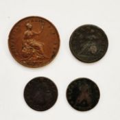 Various coins, comprising: Victoria (1837-1901), penny 1853 DEF:, George I 1718 dump issue half
