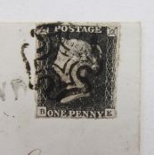 GB stamps: 1841 Penny Black(BE) on cover, 3 margin, guideline top right, black MX and linear ‘