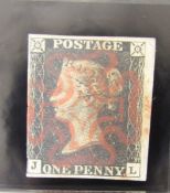 1840 Penny Black JL stamp, used, 3 margin with 'O' flaw, Red MX, with certificate of provenance.
