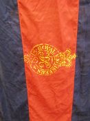 Royal Engineers flag, two Royal Navy officers caps, WWII French gas mask in metal canister, bugle