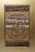 20th century Indian miniature painting Gouache and gilding on paper  Pair of lovers on terracing