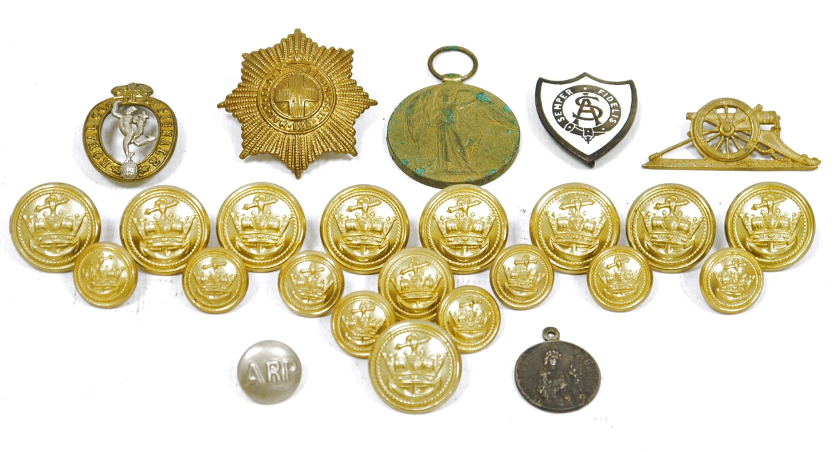 Collection of naval gilt-brass buttons, assorted regimental badges, medals and ephemera to include - Image 3 of 4