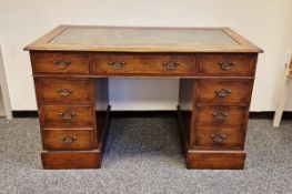 Georgian mahogany twin pedestal desk with gilt tooled leather top and herringbone inlaid