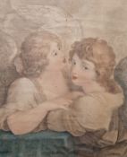Pair of colour stipple engravings, pairs of winged cherubs, 36cm x 31cm (excluding frame), a small