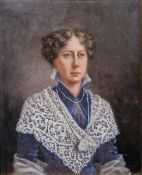 Unattributed Oil on canvas Head and shoulders portrait of a lady in lace shawl, 24cm x 19cm