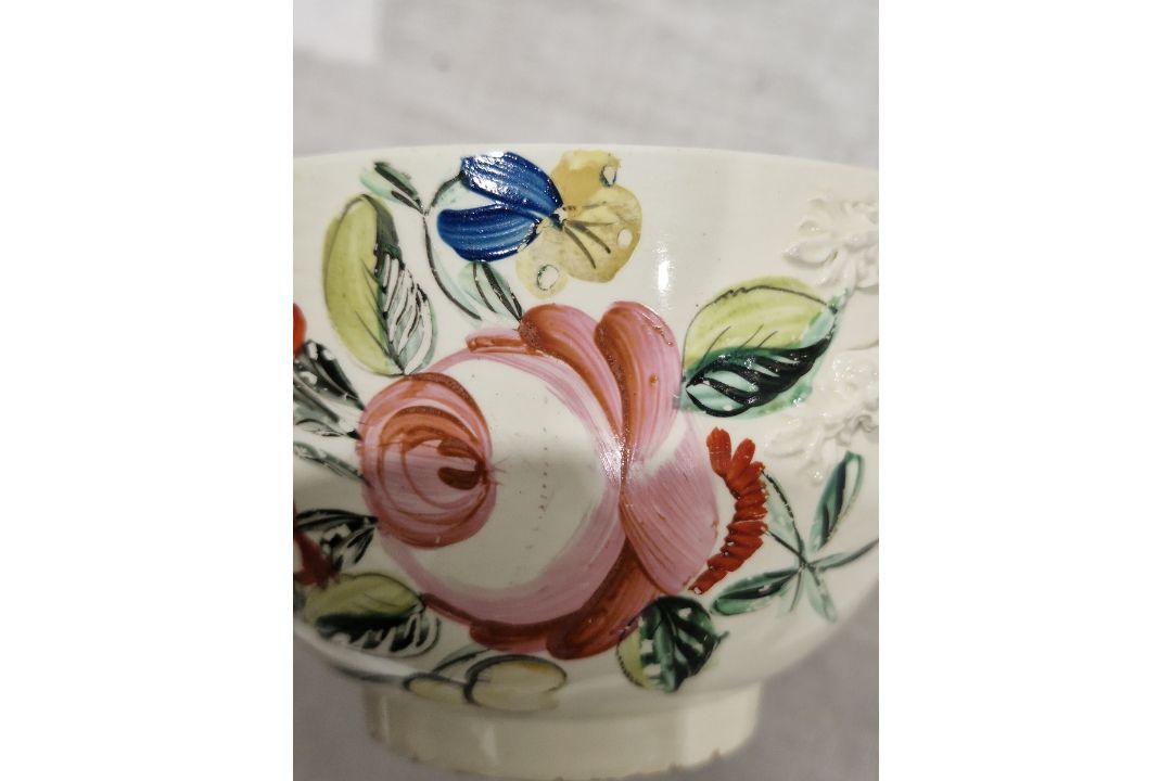 Late 18th century creamware two-handled sugar bowl and cover, perhaps Leeds, painted with rose and - Image 12 of 24