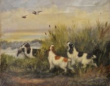 Late 19th/early 20th century school Oil on canvas Lakeside scene with gun dogs, one retrieving a