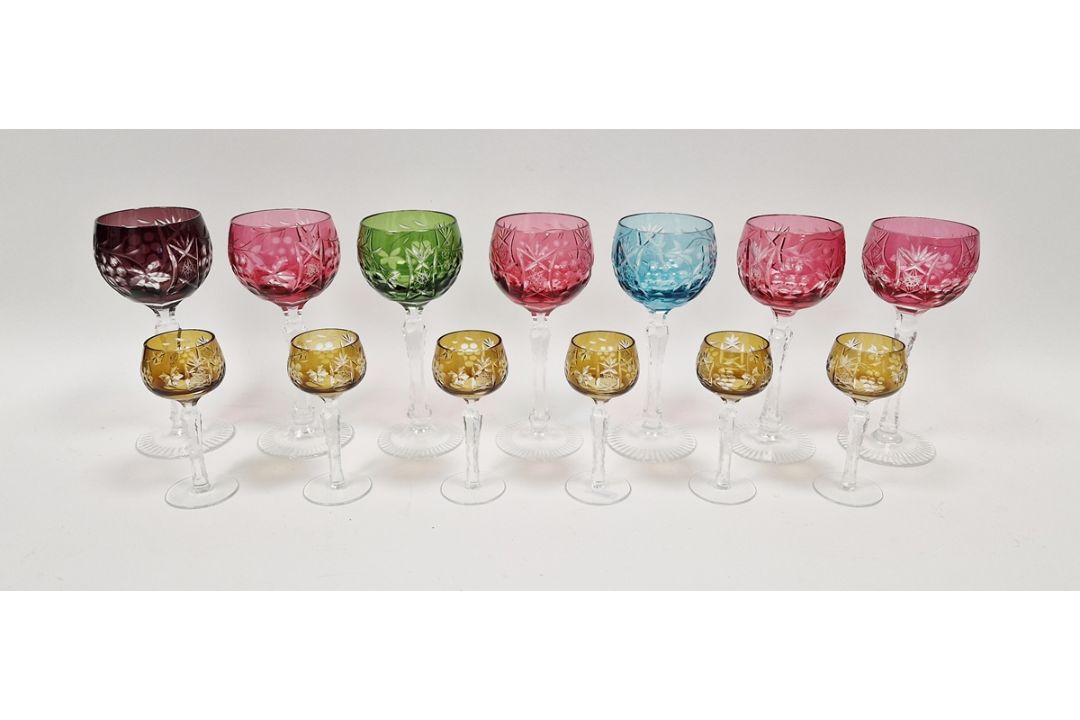 Set of coloured flashed and engraved drinking glasses, 20th century, cut and engraved with - Image 1 of 6