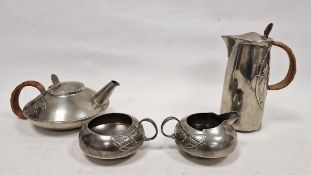 Liberty & Co Tudric pewter four-piece teaset, no.0231 to include teapot, hot water jug, cream jug
