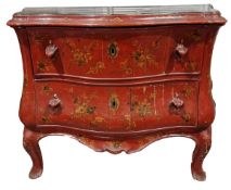 Pair mid-18th century Italian red painted commodes, of serpentine bombe form, the tops painted