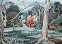 L. Hunter (20th century school) Gouache View of parkland through trees, signed lower right, framed