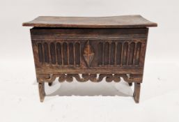 Antique small coffer of rectangular form with pierced and carved apron to the front, 44cm high x