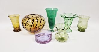 Group of coloured glassware including an Art Deco uranium green trumpet-shaped vase, an amethyst