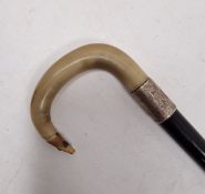 Silver and horn-mounted ebonised walking cane, hallmarked London, 1920, engraved with leafy
