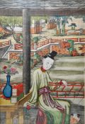 Chinese school Watercolour on print Reclining female figure in garden, 77cm x 52cm  Condition Report